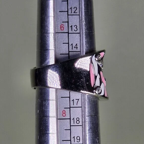 Silvery Pink & White Enamel Floral Ring With Sparkling CZ Size 7 - Picture 4 of 6